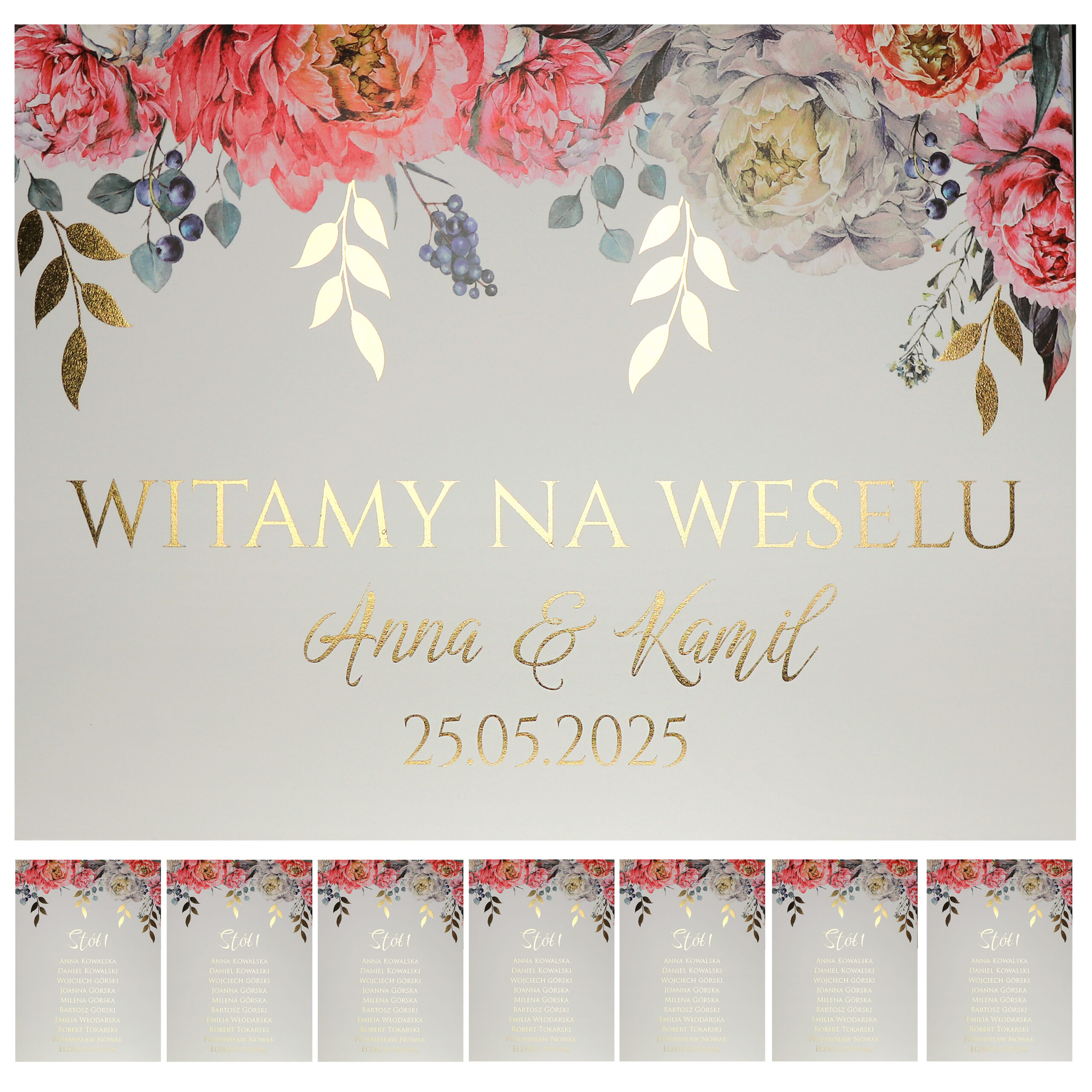 KARTA_wzór-nr-5 Karty A4 z usadzeniem gości złocone liście Elza6 8szt. - obrazek 1