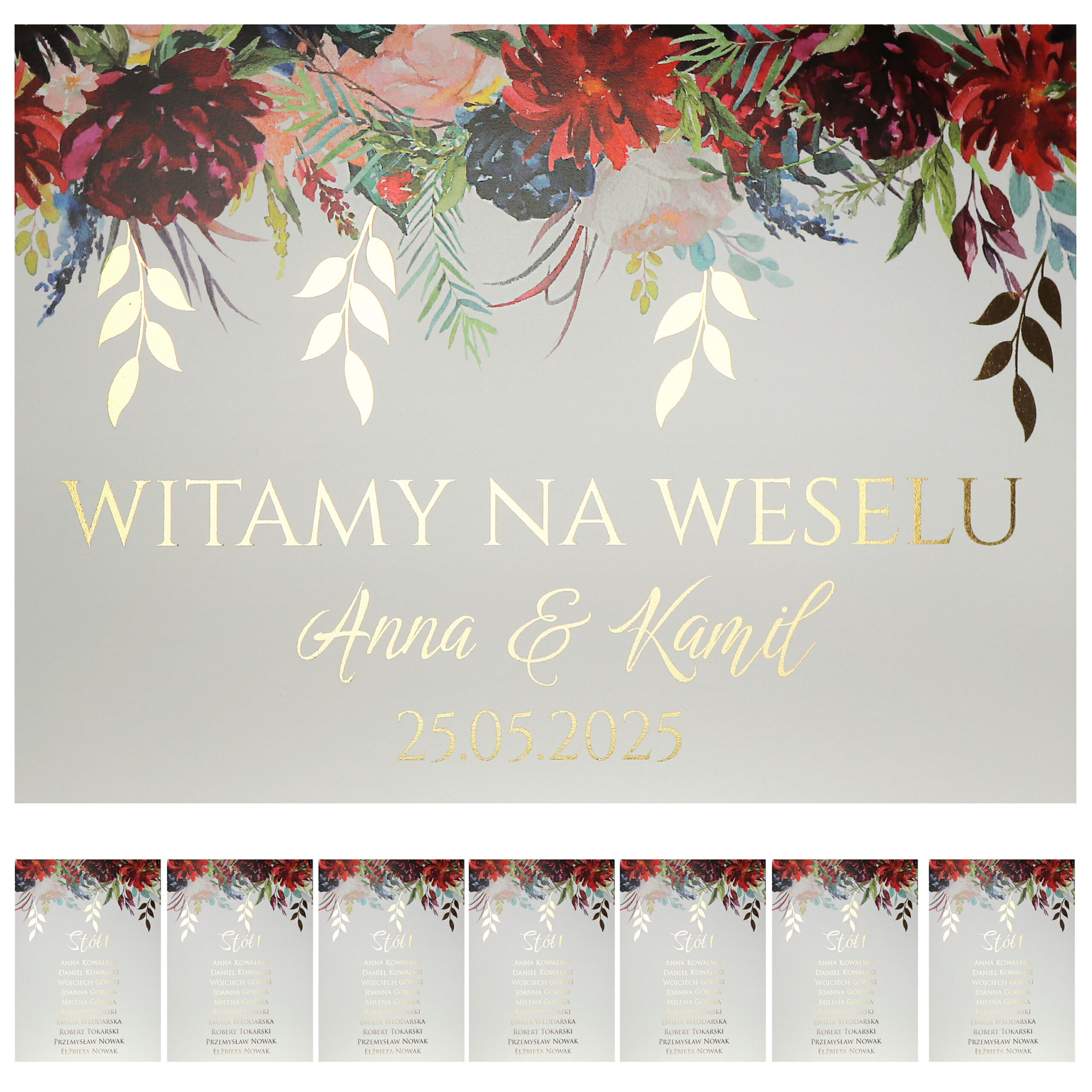 KARTA_wzór-nr-6_POP Karty A4 z usadzeniem gości złocone liście Elza5 8szt - obrazek 1