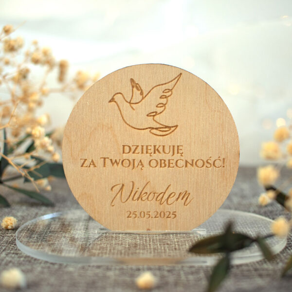 Magnesy drewniane grawerowane podziękowania dla gości na chrzest roczek