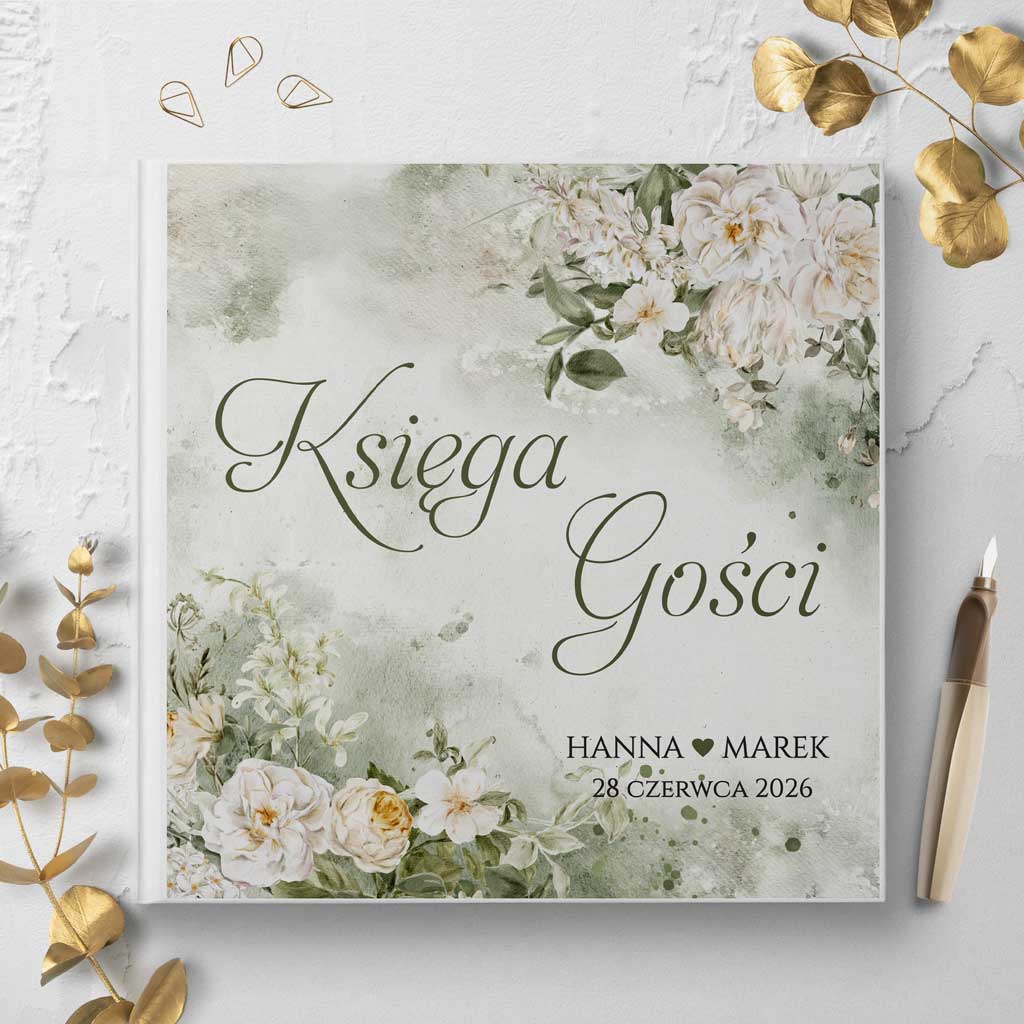Eliza-ksiega-gosci-weselnych-wizu-front-zielone-tlo-biale-kwiaty Księga gości białe kwiaty